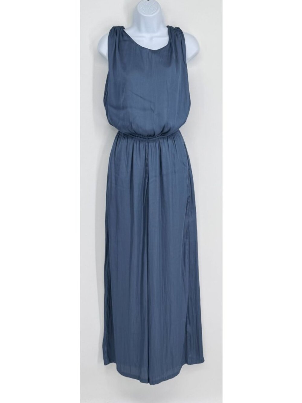 Blue Sleeveless Jumpsuit S Elastic Waist Plunging Back Satin Casual Formal